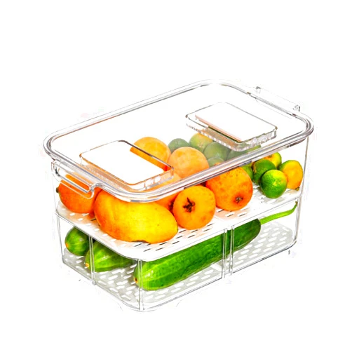Slideep 11'' Large Food Storage Containers, Fridge Produce Saver 2 Tier Stackable Refrigerator Organizer with Lids and Removable Drain Tray Drawers Bins Baskets for Kitchen