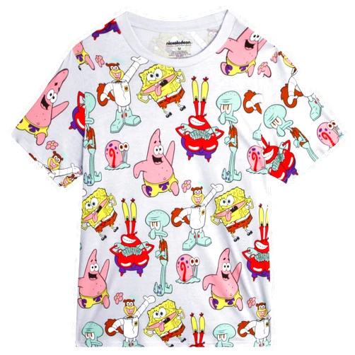 Nickelodeon Men's T-Shirt - Spongebob and Friends All Over Print Crewneck Graphic Tees - Short Sleeve Shirts for Men (S-XL)