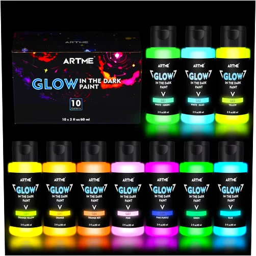 ARTME Glow in The Dark Paint, 10 Bright Colors 60ml/2oz Blacklight Paint Set, Neon Craft Paint, Acrylic Glow Fluorescent Paint Perfect for Art Painting, DIY projects, Halloween and Christmas