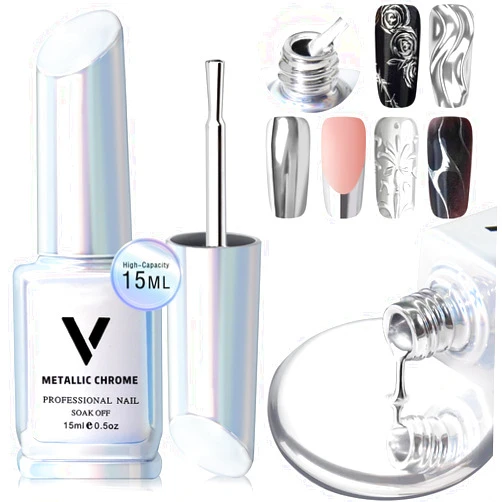 NewBang 15ml Metallic Painting Nail Gel Polish, Upgrade 3D Metal Mirror Finish, Glossy Chrome Silver Nail Painted Drawing Gel Soak Off UV/LED Curing DIY Nail Art Manicure #Silver
