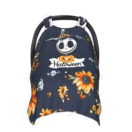 AuHomea Halloween Pattern in Black Skulls Baby Car Seat Canopy and Nursing Cover for Breastfeeding Multi-Use Cover Lightweight Infant Stretchy Carrier Cover for Newborn Girls Boys