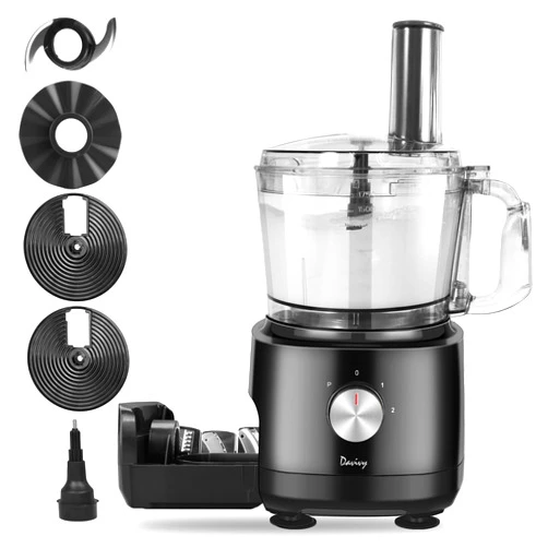 Davivy 7 Cup Food Processor, 10 Functions Built-in Storage Drawer Vegetable Chopper with 10 set blades,French fry cutting,Wavy slicing for Home Use,3-Speed, Black,600W (7-Cup Built-in Drawer)