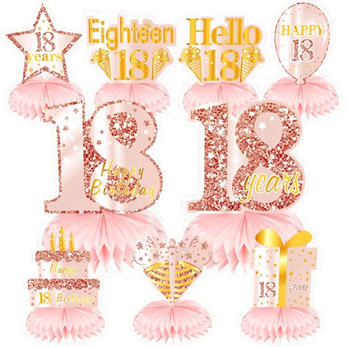 Turypaty Pink Rose Gold 18th Birthday Honeycomb Centerpieces Decorations for Girl, 9Pcs Rose Gold Happy 18th Birthday Table Centerpieces Party Supplies, Eighteen Year Old Birthday Table Toppers Decor