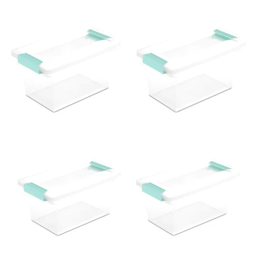 Sterilite Medium Clip Box, Stackable Small Storage Bin with Latching Lid, Plastic Container to Organize Office, Crafts, Clear Base and Lid, 4-Pack