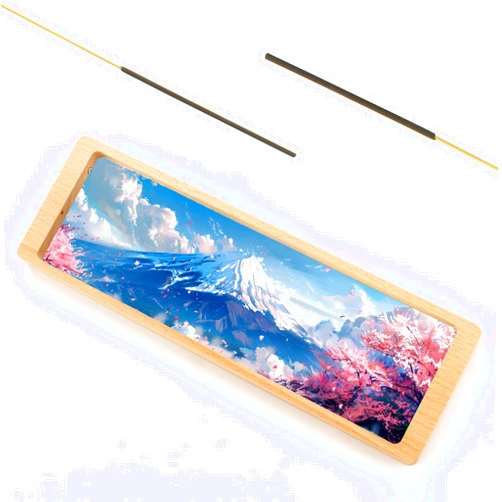 Goolan Dual Incense Holder Stick with Wide Glass Base Mount Fuji and Cherry Blossom Landscape Modern Wood Incense Tray Incense Burner Double Holes