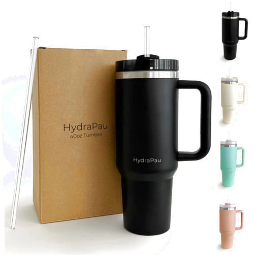 Shoppau HydraPau Quencher 40oz Tumbler With Handle, Lid, Straw - Double Wall Vacuum Insulation - Silicone Straw Grip - Car Cupholder Compatible - Dishwasher Safe - Recycled Stainless Steel (Black)