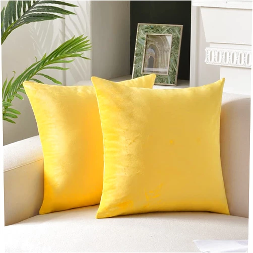 Krifey Throw Pillow Covers Velvet Decorative Square Pillowcase Soft Cushion Case for Summer Couch Bedroom 18x18 Inch Lemon Yellow, Pack of 2