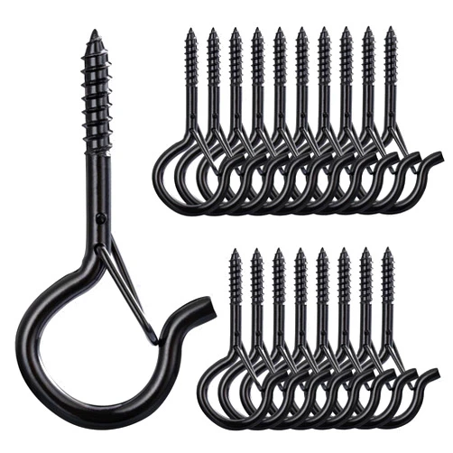 HZJD Q Hanger Hooks with Safety Buckle, Black, Screw in Hooks for Outdoor String Lights Hanger 2.2 Inch(20PCS)