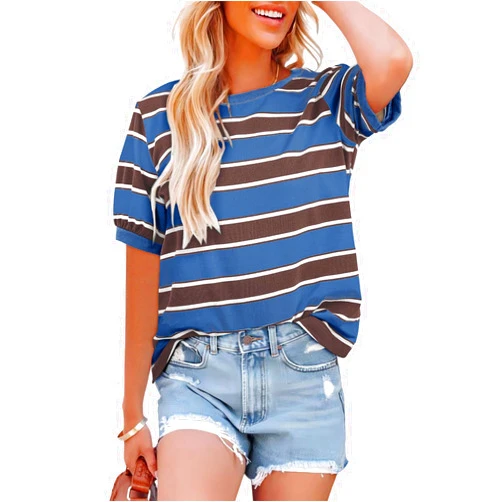 Dokotoo Womens Summer Tops 2026 Striped Color Block Short Sleeve Fashion T-Shirts Crewneck Casual Loose Basic Tee Blouses