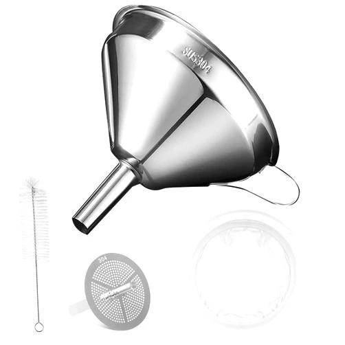Voxmude Kitchen Funnel for Filling Bottles, 5 Inch 18/8 Stainless Steel Funnel, Metal Cooking Oil Food Funnel with Strainer and 200 Fine Mesh Filter for Fryer Oil Grease Juice Milk