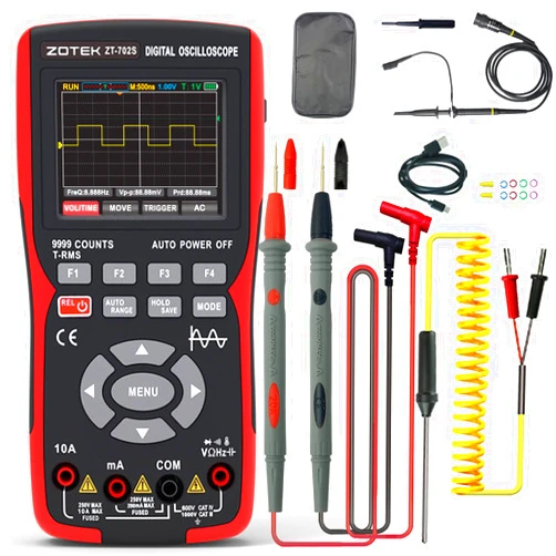 ZOTEK ZT-702S 2-in-1 Oscilloscope Multimeter with 2.8 Inch IPS Display,9999 Counts, Single Channel 10MHZ Bandwidth,48MSa/s High Real-time Sampling Rate,±400V Input Voltage,Measures Ohm-Volt-Tester