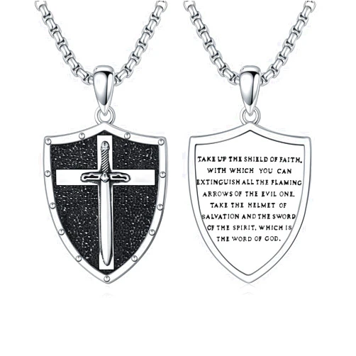 PDTJMTG Sterling Silver Knights Templar Cross Joshua 1:9 Shield Pendant Necklace with 22+2 inch Stainless Steel Chain Men's Verse Bible Armor of God Necklace