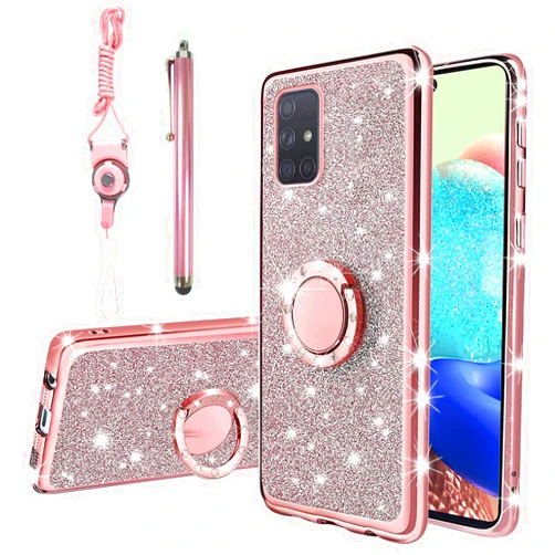 KuDiNi for A71 5G Phone Case, Samsung A71 5G Case for Women Glitter Crystal Soft Clear Tpu Luxury Bling Cute Protective Cover with Kickstand Strap for Samsung Galaxy A71 5G (Glitter Rose)