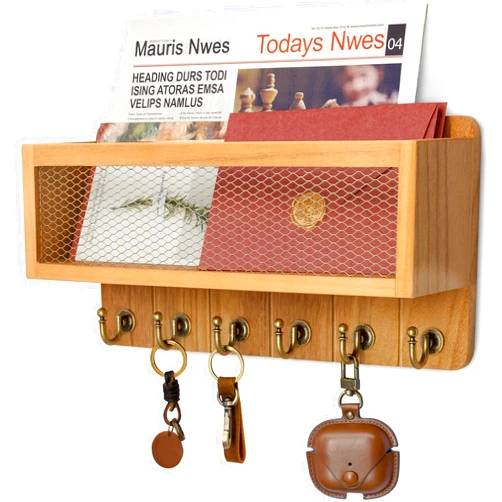 Rebee Vision Farmhouse Key and Mail Holder for Wall with Mesh Mail Basket : Decorative Mail Organizer Wall Mount with 6 Retro Key Hooks - Rustic Home Decor for Entryway (Light Brown)