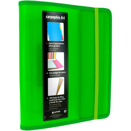 Grafoplás 88200020 4 Ring Folder Folder, A4, Green, Polypropylene, with Side Flap, 100 Sheets, Separators and Transparent Envelope, Multiline.