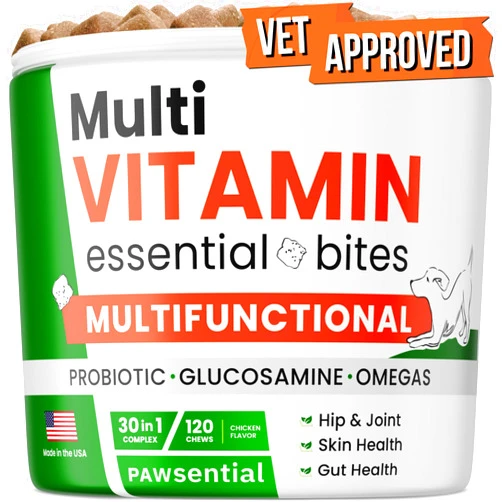 Pawsential 30-in-1 Dog MultiVitamin Chewable Supplement with (Glucosamine, Omega, and Probiotics) - Dog Vitamins for Skin & Coat, Hip & Joint, and Gut Health - Adult & Senior Dog Vitamin Treats