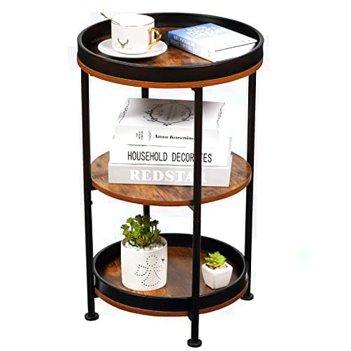 Dulcii Side Table, Round End Table with 3 Storage Shelves for Living Room, Bedroom, Nightstand with Steel Frame for Small Spaces, Industrial Round Sofa Table, Outdoor Accent Coffee Table, Rustic Brown