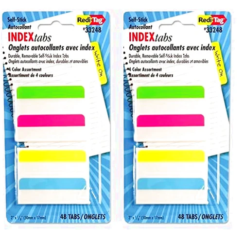 Redi-Tag Write-On Removable Index Tabs, 2 x 11/16 Inches, 48 Tabs per Pack, 4 Assorted Colors, 2-Pack (33248) (RTG33248)