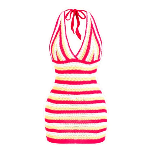 Floerns Women's Striped Halter V Neck Knit Dress Backless Holiday Mini Bodycon Dresses