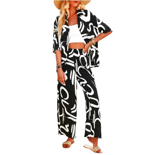 Peaceglad Womens Summer Print 2 Piece Pajama Sets Short Sleeve Button Down Outfit Long Pants Sleepwear Set
