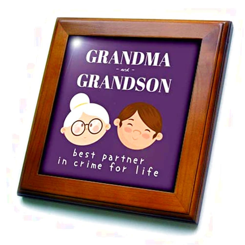 3dRose 8x8 Framed Tile - Gift for Grandma and Grandson Best Partner in Crime for Life Rosette - Gift for Grandma