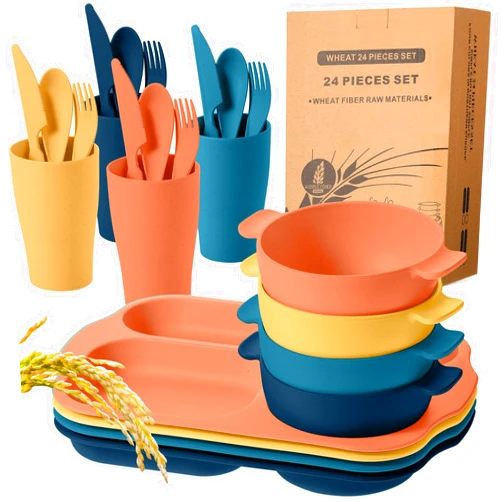 Honoson 24 Pcs Wheat Straw Dinnerware Cutlery Set Including Divided Plates Microwave Dishwasher Safe Bowl Unbreakable Tableware Straw Cutlery Spoon Knife Fork Cup(Bright Color)