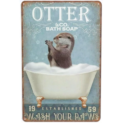 Vvgdubgrw Funny Vintage Sign Otter & Co Bath Soap Wash Your Paws Otter Bathroom Decor Toilet Metal Tin Signs for Kitchen Garden Garage Bathroom Wall Decor 8x12 Inch