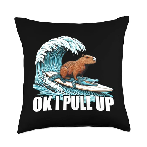 Funny Wave Capybara Surfing Rodent Respect Gifts Funny Wave Capybara Surfing Ok I Pull Up Rodent Respect Meme Throw Pillow, 18x18, Multicolor
