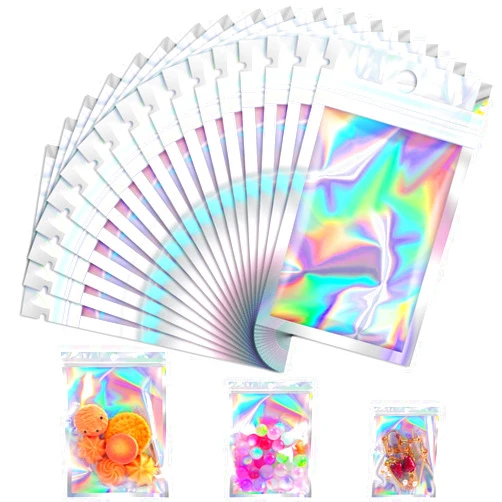 Jetmore 100 Pcs Mylar Bags, Smell Proof Bags with Clear Window, Holographic Bags for Snack, Cookie, Jewelry, Candy, Gift, Resealable Bags for Small Business, Sealable Bags for Packaging（2.4x3.9in）