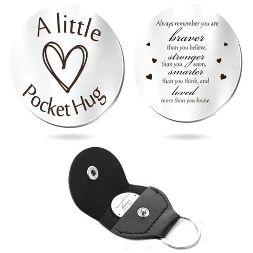 Sureio Pocket Hug Token Long Distance Relationship Keepsake Stainless Steel Double Sided Inspirational Gift with Keychain