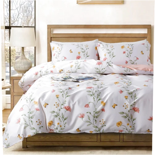 Zusbest Off White Floral Duvet Cover Set Queen Size 100% Cotton French Country Bedding Pink Yellow Flower Butterfly Comforter Cover Leaves Printed Reversible Bed Cover Crisp Soft All Season 3Pcs