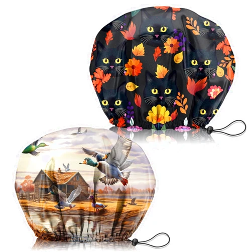 Zewurtuw 2 PCS Shower Cap Adjustable Reusable Double Waterproof Layer Elastic Hair Bath Cap Cute Aesthetic for Women Girls (I19-Cat Duck)