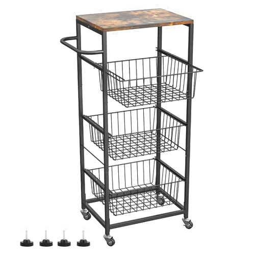 AIYAKA Kitchen Storage Cart 4 Tier Utility Rolling Microwave Cart on Wheels with Pull-Out Baskets and Wood Top for Laundry Room Pantry Bathroom, Brown