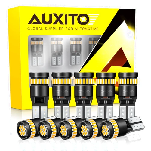 AUXITO 194 LED Light, Amber Yellow 168 2825 W5W T10 Wedge 24-SMD 3014 Bright Chips LED Replacement Light Kit Error Free for Car Dome Map Door Parking Marker License Plate Lights, Pack of 10