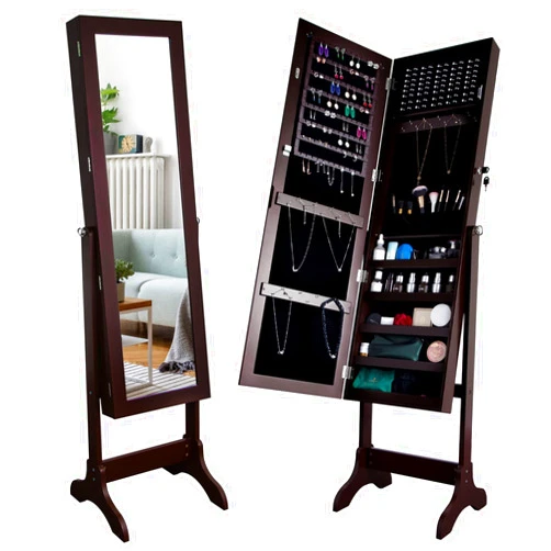 Uten Lockable Jewelry Armoire Large Jewelry Cabinet with Standing Mirror Jewelry Holder Organizer Storage, 4 Angle Adjustable(Brown)