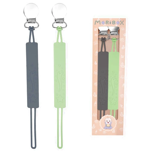 MORIBOX Pacifier Clip for Boys Girls - MORIBOX Silicone Paci Clip with One Piece Teething Relief Neutral Baby Binky Holder Leash for Shower Christmas Gift 2 Pack (P-Grey&Green)