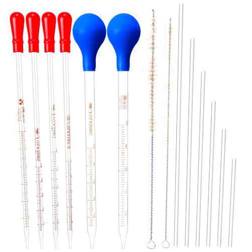 Threlaco 14 Pcs Glass Graduated Droppers Set Include 6 Pipettes Dropper 0.5ml 1ml 2ml 3ml 5ml 10ml with 6 Glass Stir Rod and 2 Washing Brushes for Lab Liquid Essential Oils Experiments Supply
