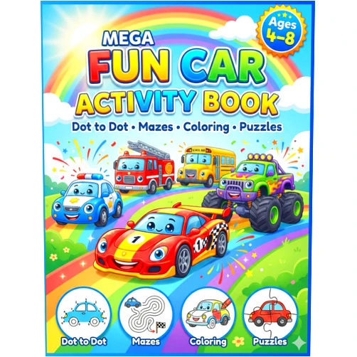 Vedi Creation Vehicle Activity Book for Kids: Fun Cars, Trucks, Trains & Airplanes with Coloring, Mazes, Dot to Dot and Puzzles for Boys & Girls