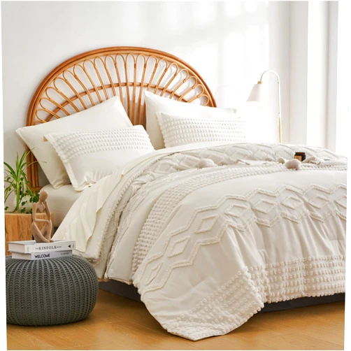 KAKIJUMN White Tufted Comforter Set King Size 7 Piece Bed in a Bag, Shabby Chic Boho Comforter and Sheet Set, Pom Pom Textured Bed Set, All Season Soft Microfiber Complete Bedding Set(White,King)