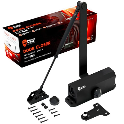 PrimeWare DC-300 Automatic Adjustable Door Closers for Home | Soft Close, No Slam | Residential and Commercial Door Closer | Level 3 | for Doors Weighing 90-140 lbs | Hydraulic Door Spring - Black