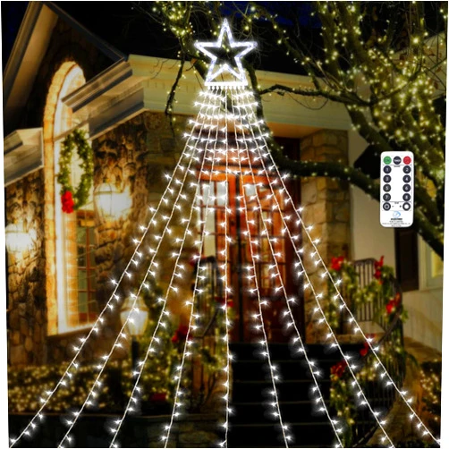 Gogsic Christmas Decoration Outdoor Star String Lights with Remote, 317 LED Star Christmas Tree Lights 8 Lighting Modes&Timer for Christmas Halloween Wedding Party (Cool White)