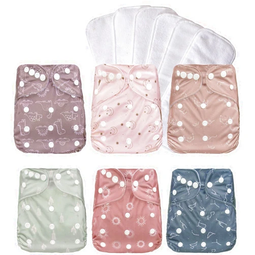 CoolaPeach Washable Reusable Cloth Diapers for Babies, Adjustable Baby Cloth Diapers Newborn,6 Pack Diapers Covers with 6Pcs Microfiber Inserts, Moon Star