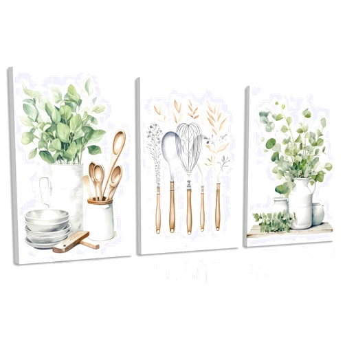 CCZ Boho Farmhouse Kitchen Wall Art Sage Green Plants Painting Pictures Dining Room Wall Decor Eucalyptus Leaves Green Botanical Poster Kitchenware Print Artwork for Farmhouse Kitchen Home Decoration