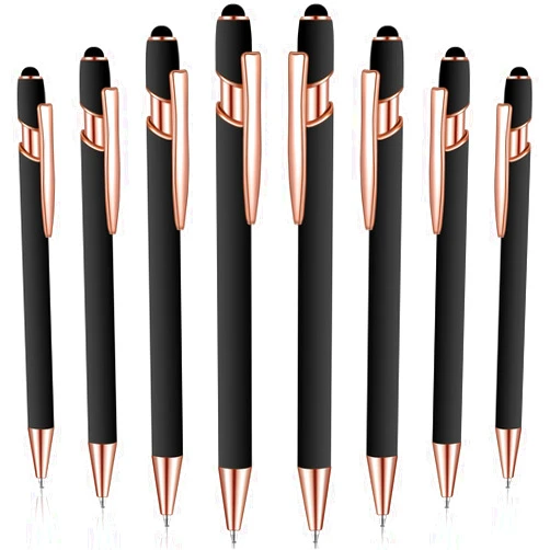 Zonon 8 Pieces Ballpoint Pen with Stylus Tip Black Ink 2 in 1 Stylus Metal 1.0 mm Medium Point Smooth Pen Rainbow Colorful Rubberized Ballpoint for Touch Screen Tablet(Rose Gold, Black)