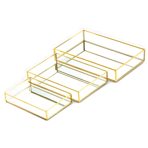 Juvale Set of 3 Gold Mirror Vanity Tray for Perfume, Makeup Display, Decorative Rectangle Glass Jewelry Organizer for Bathroom, Dresser (3 Sizes)