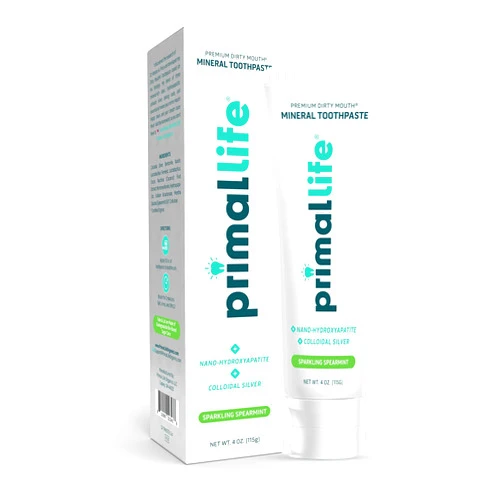 Primal Life Organics Premium Dirty Mouth Mineral Toothpaste - Nano-Hydroxyapatite, Colloidal Silver, Charcoal - Organic, All Natural Whitening Formula (Spearmint Flavor, 4 Oz)