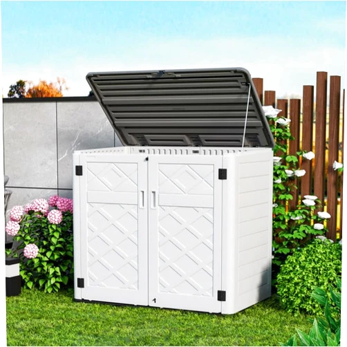 ZZM Large Outdoor Storage Shed, 48 Cu Ft Resin Versatile Storage Cabinet for Patio Accessories, Trash Cans & Garden Tools, Durable Horizontal Storage Box with Lockable Lid (White)