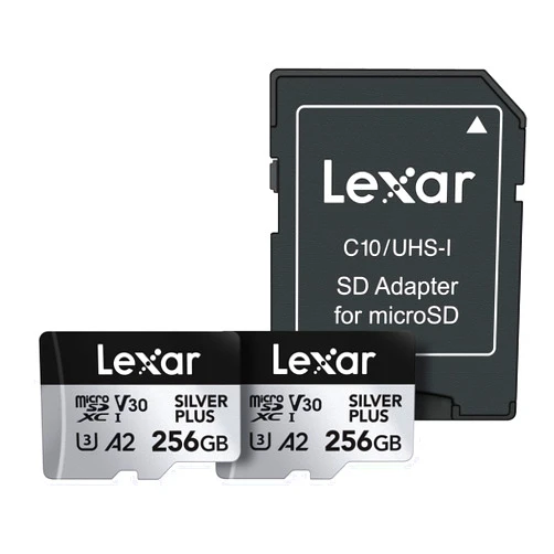 Lexar 256GB (2-Pack) Professional Silver Plus microSDXC Memory Card w/SD Adapter, UHS-I, C10, U3, V30, Full-HD & 4K Video, Up to 205/150 MB/s Read/Write, for Videographers, Gamers (LMSSIPL256G-B2ANU)