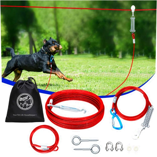 Supet Dog Runner for Yard, 100Ft Durable Dog Tie Out Cable for Camping, Portable Trolley System for Dogs up to 300Lbs, Dog Camping Essential Dog Runs for Outside Suitable for Yard, Camping, Red