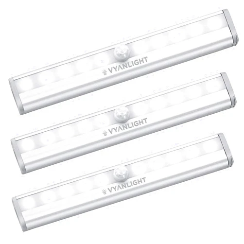 VYANLIGHT Motion Sensor LED Under Cabinet Lights, 10 LED Light Strips for Closet, Kitchen, Bathroom, Pantry - Battery Operated, Wireless, Peel and Stick, 3 Pack
